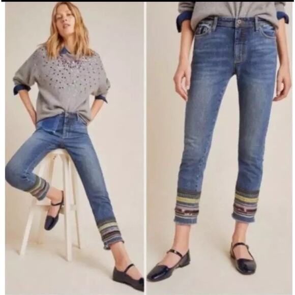 Pilcro Denim - Pilcro Embroidered Sequin High Rise Slim Straight Crop Jeans Womens Size 31 Boho